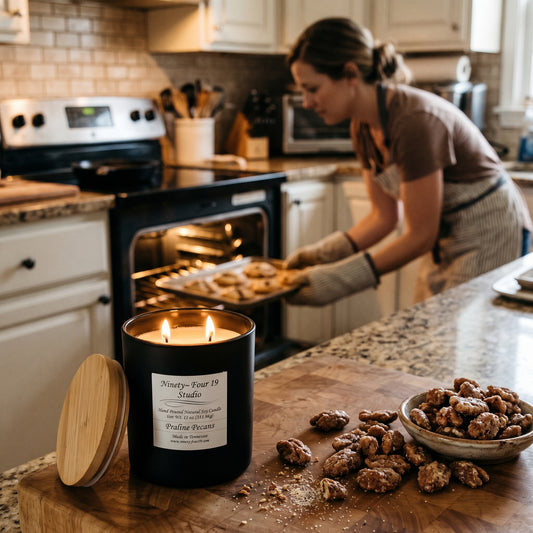 natural soy wax candle in a black ceramic container