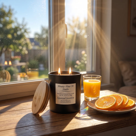 natural soy wax candle in a black ceramic container