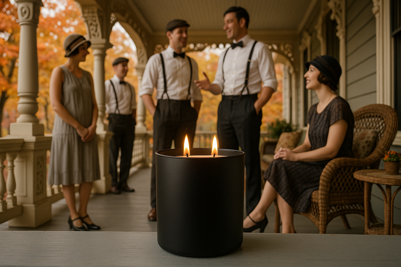 A black candle with double flames on a 1920's style porch with friends in Jazz Age attire chatting in fall setting