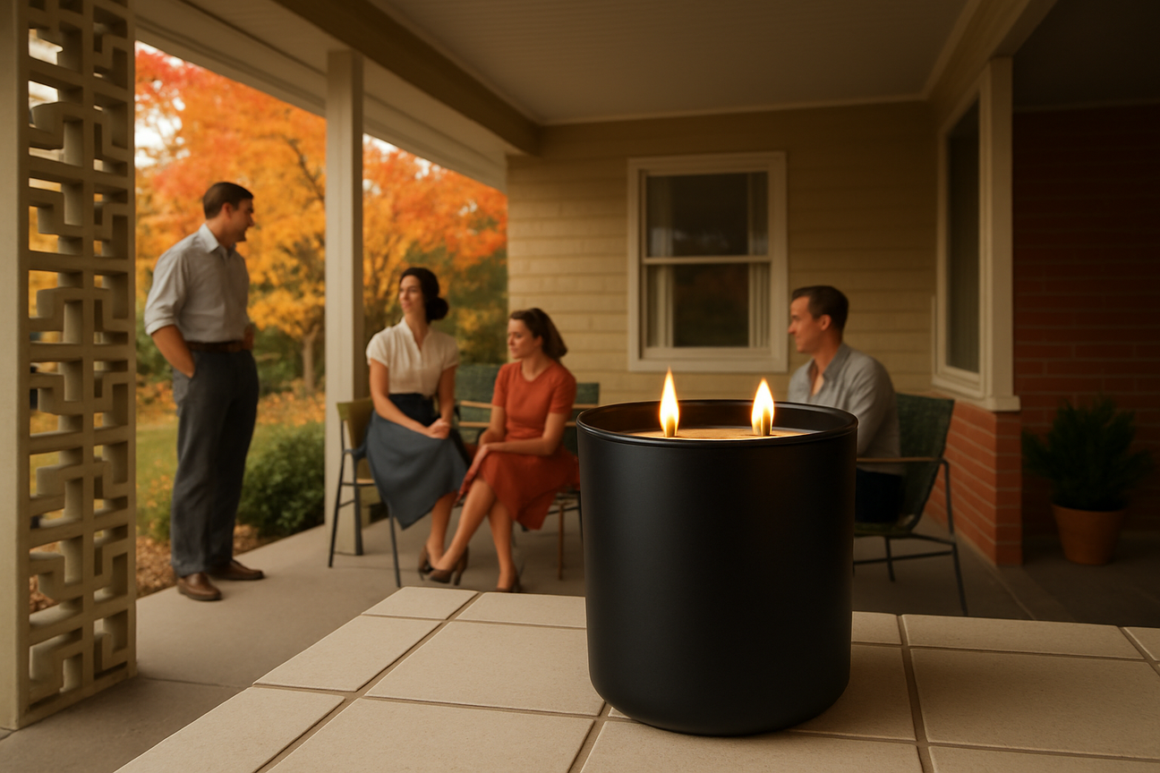 A black candle with double flames on a 1950's style porch with friends in period attire chatting in fall setting