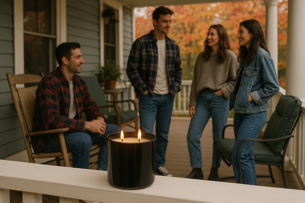 A black candle with double flames on a 1990's style porch with friends in 90's attire chatting in fall setting