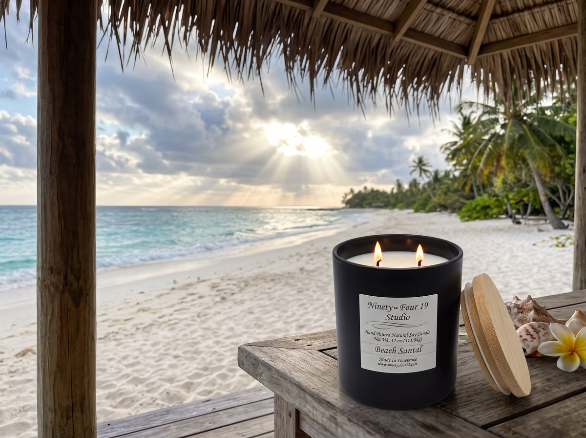 natural soy wax candle in a black ceramic container