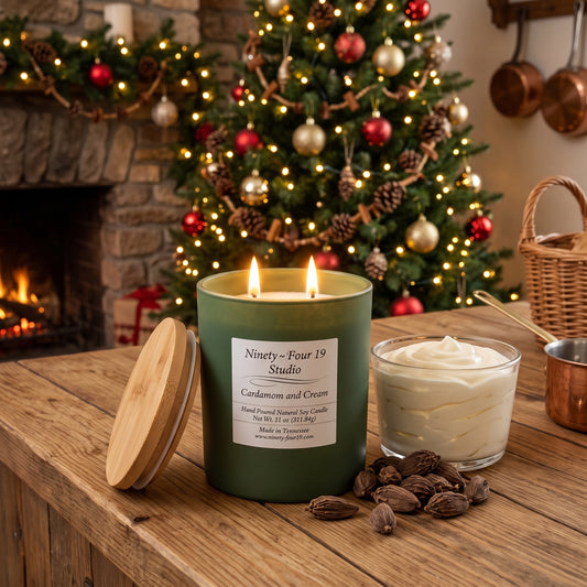 scented natural soy wax candle in a evergreen ceramic container