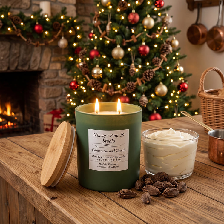 scented natural soy wax candle in a evergreen ceramic container