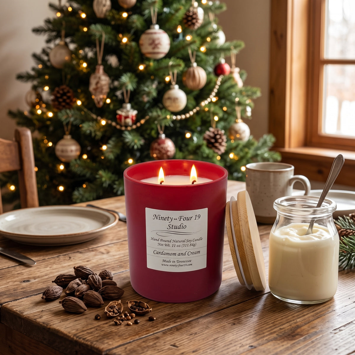 scented natural soy wax candle in a ruby ceramic container