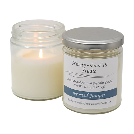 Glass jar natural soy wax candle - Frosted Juniper fragrance