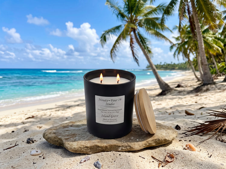 natural soy wax candle in a black ceramic container