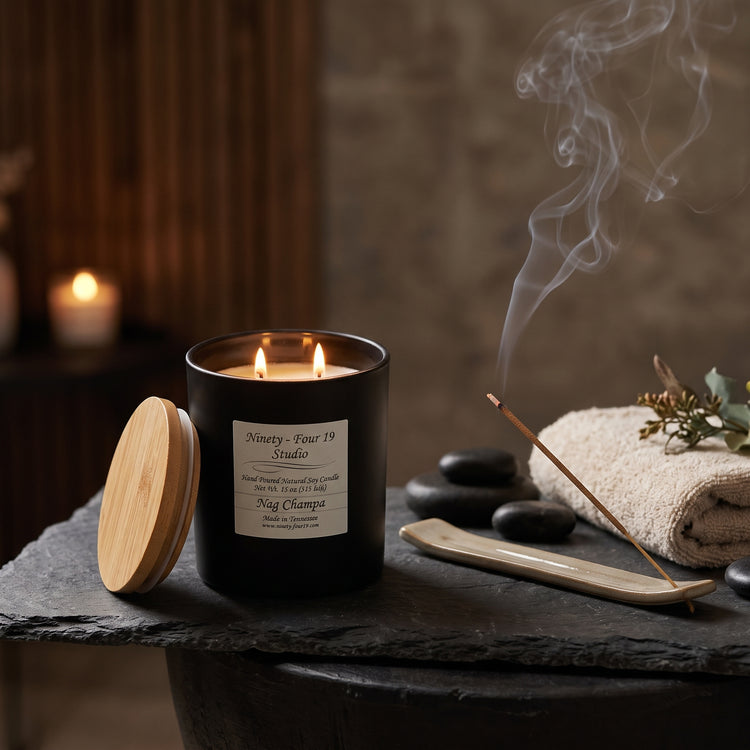 natural soy wax candle in a black ceramic container