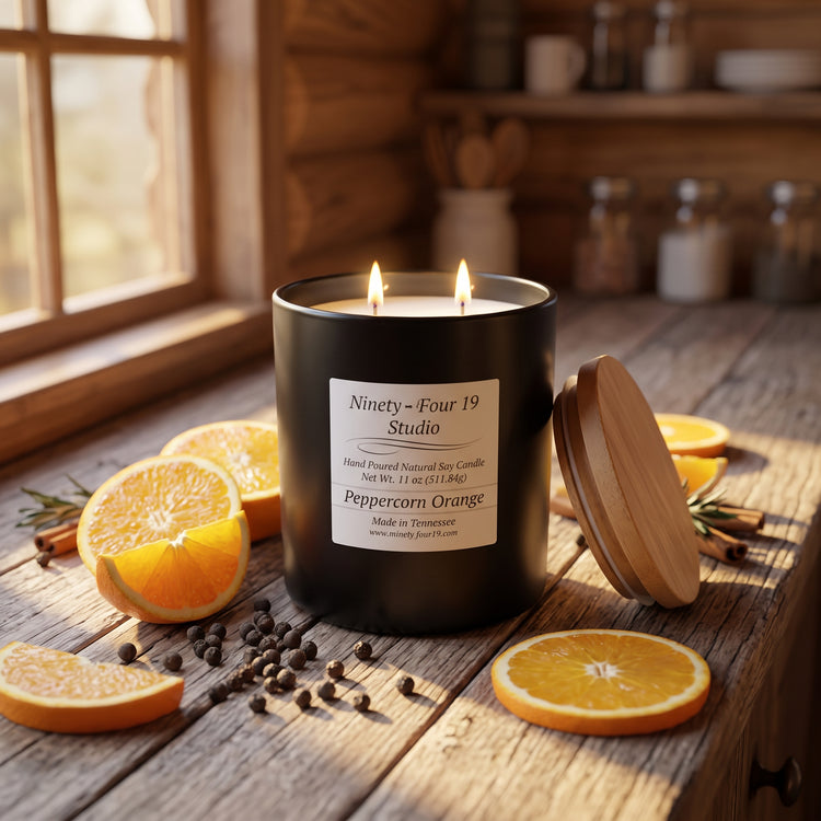 natural soy wax candle in a black ceramic container