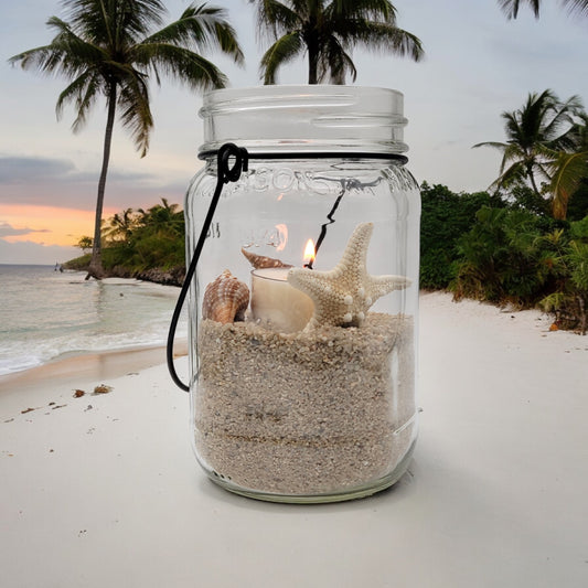 Natural soy wax candle in decorative mason jar.