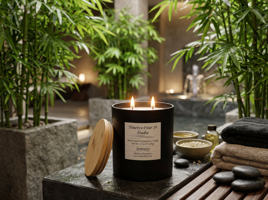 natural soy wax candle in a black ceramic container